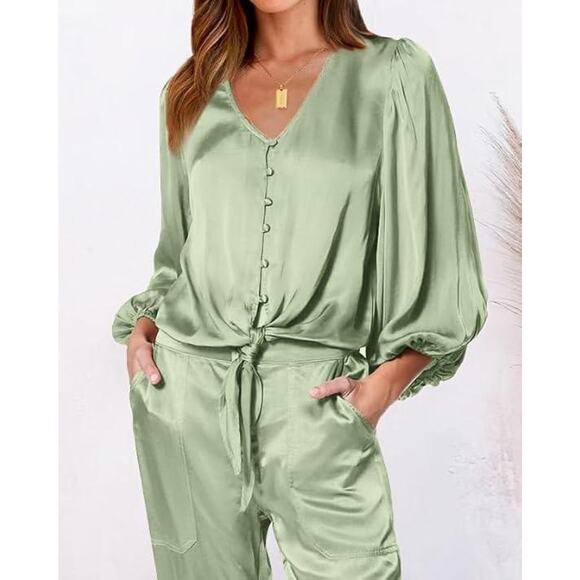 Fashion Satin Outfit Womens XXL Green Long Sleeve Button Top & Jogger Pant Set - Picture 4 of 14